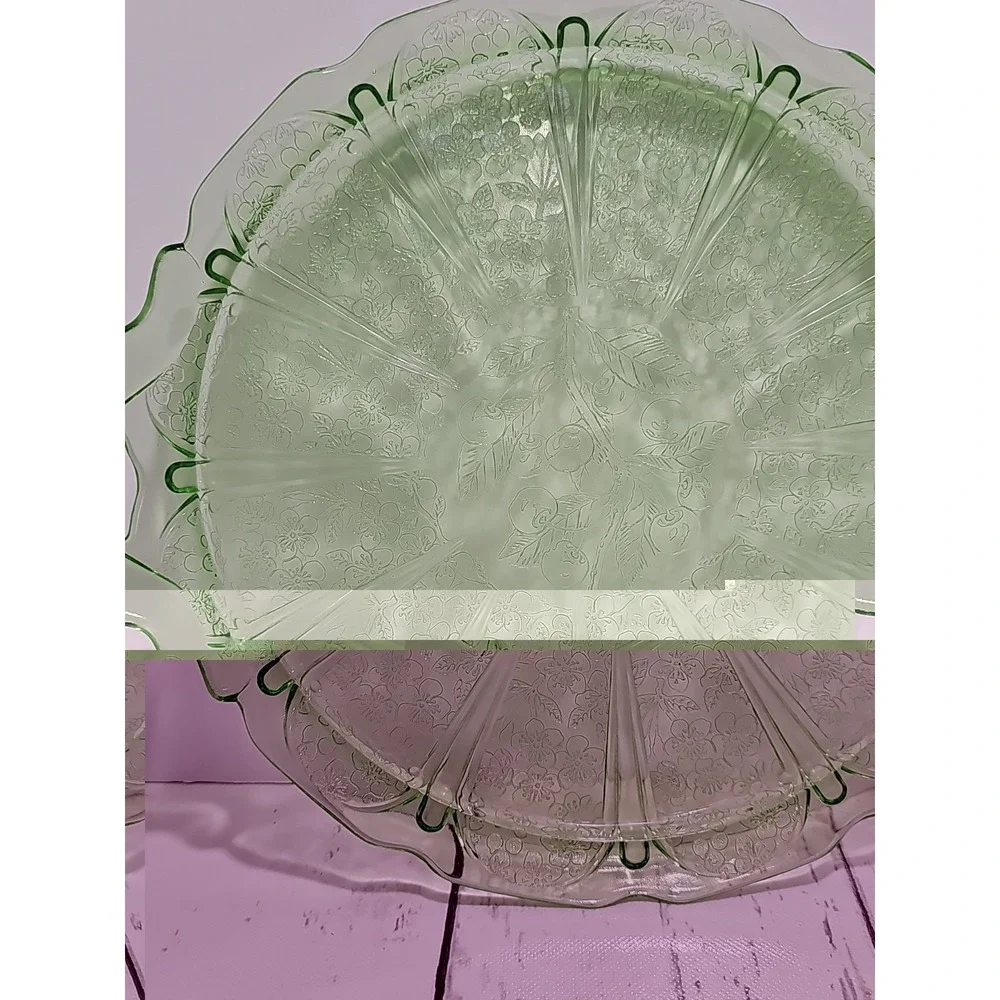 Jeanette Green Depression Glass  Cherry Blossom 2 Handled Cake Tray Plate
